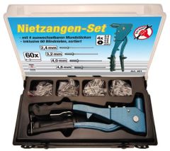 Coffret pince à riveter + 4 embouts + 60 rivets assortis